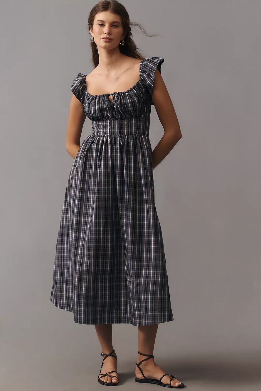 New By Anthropologie Flutter-Sleeve Square-Neck Midi Dress $168 SMALL Blue Plaid